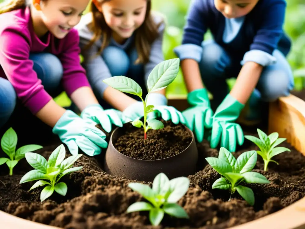 Un grupo de estudiantes de primaria implementando ecología profunda en educación, plantando cuidadosamente plántulas en un jardín elevado