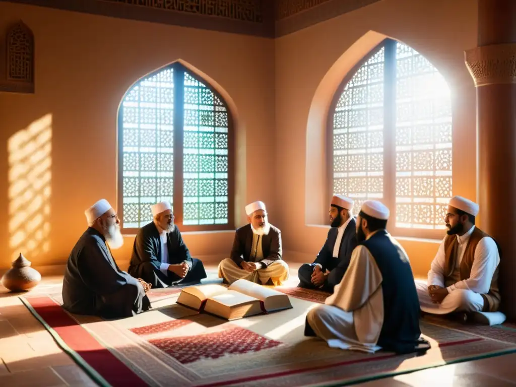 Grupo de estudiosos islámicos en profunda discusión en una sala tradicional llena de libros y manuscritos, con detalles de caligrafía islámica