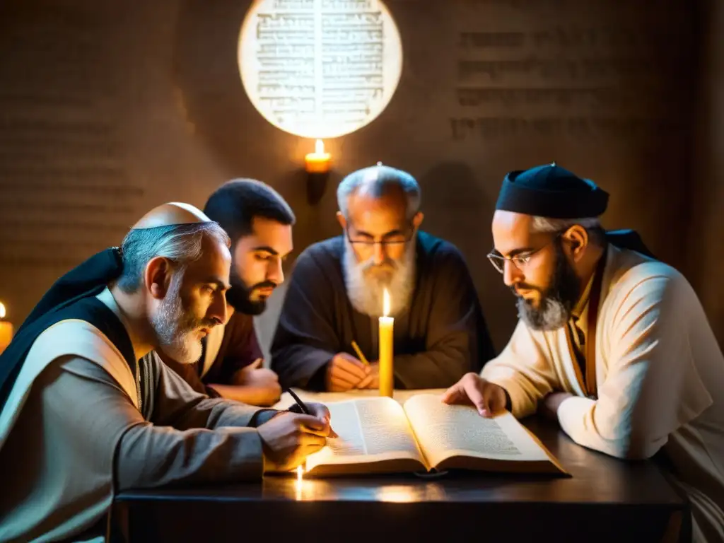 Un grupo de estudiosos de la kábala explorando antiguos textos hebreos en una atmósfera mística y contemplativa