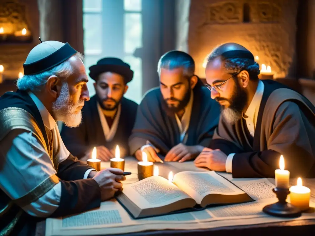 Grupo de estudiosos de la filosofía judía mística explorando antiguos textos bajo la luz de velas, inmersos en una atmósfera de misterio y reverencia