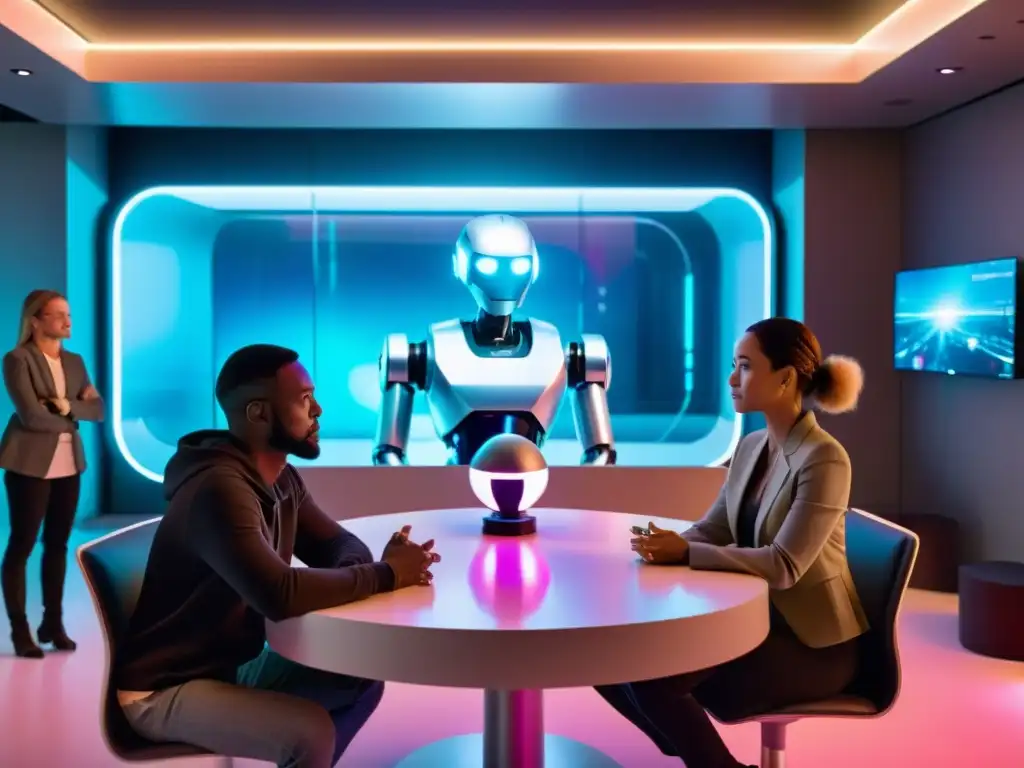 Grupo debatiendo ética en futurología de IA, rodeados de tecnología futurista mientras un robot observa con expresión contemplativa