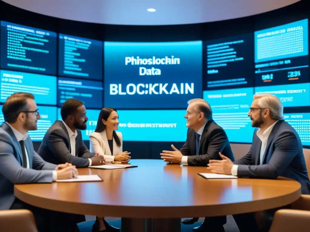 Grupo de expertos financieros y filósofos discuten intensamente la evolución de la inversión con tecnología blockchain en una moderna sala de juntas