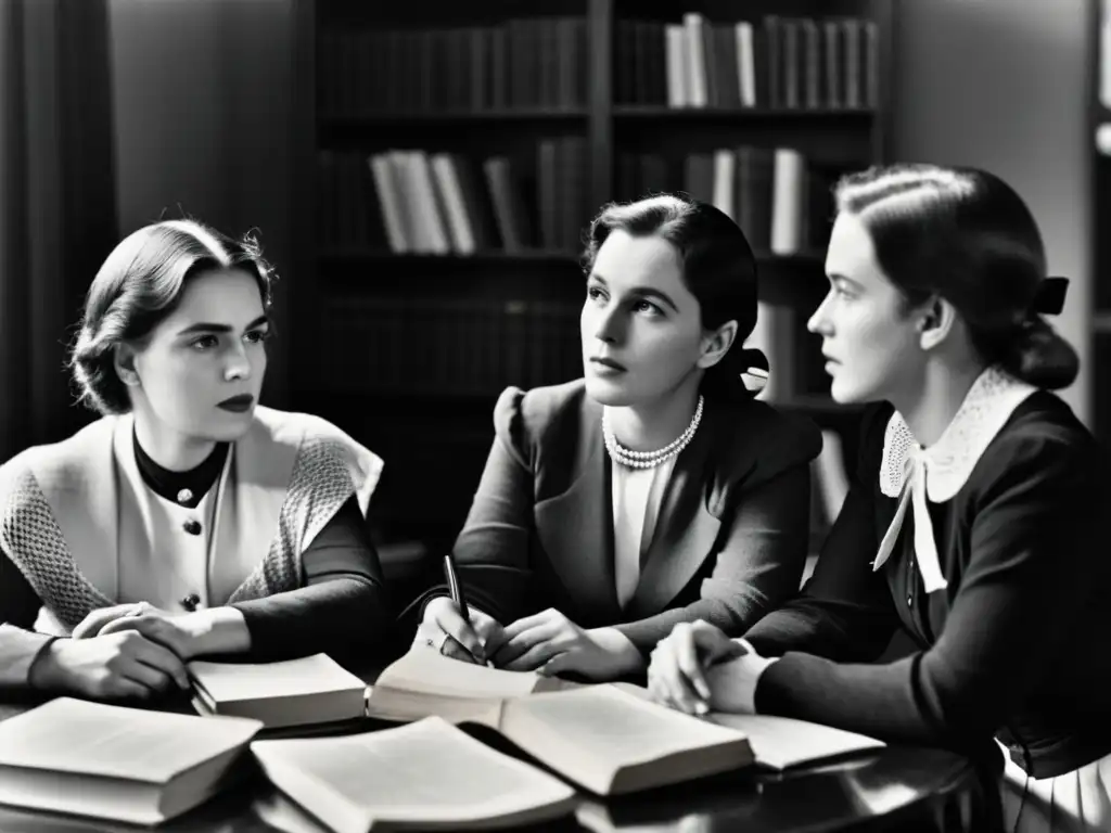 Grupo de filósofas pioneras del pensamiento feminista inmersas en una intensa discusión intelectual en el siglo XX