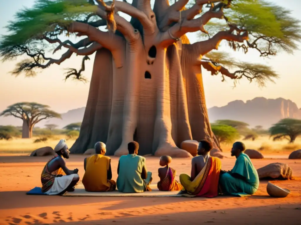 Un grupo de filósofos africanos se reúnen bajo un baobab al atardecer, en profunda discusión