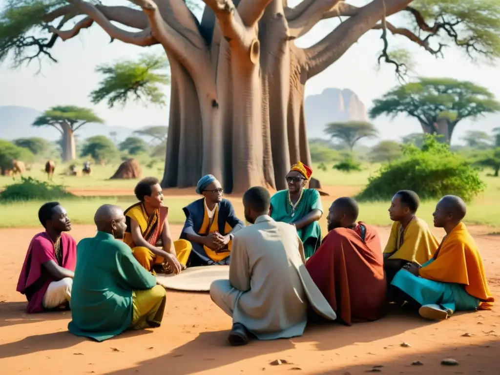 Un grupo de filósofos africanos discuten bajo un baobab, vistiendo atuendos tradicionales