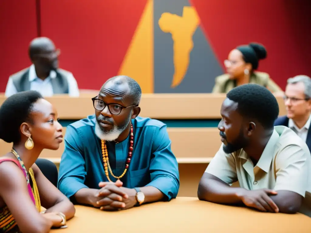 Un grupo de filósofos africanos contemporáneos participando en un animado debate en una conferencia académica vibrante