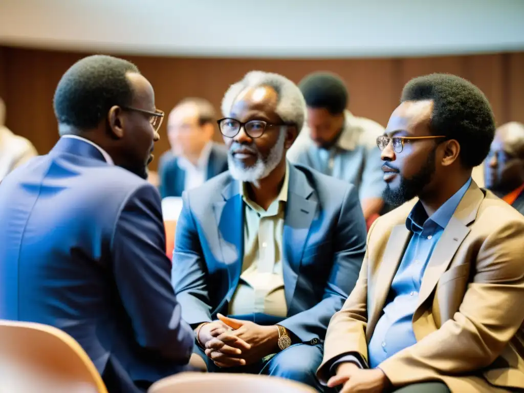 Un grupo de filósofos africanos contemporáneos discuten apasionadamente en un congreso, representando la diversidad y dinamismo de la filosofía africana
