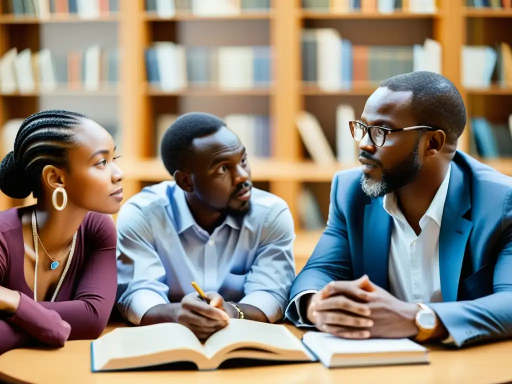 Grupo de filósofos africanos contemporáneos debatiendo en un campus universitario, reflejando la riqueza del pensamiento africano y el curso online filosofía africana contemporánea