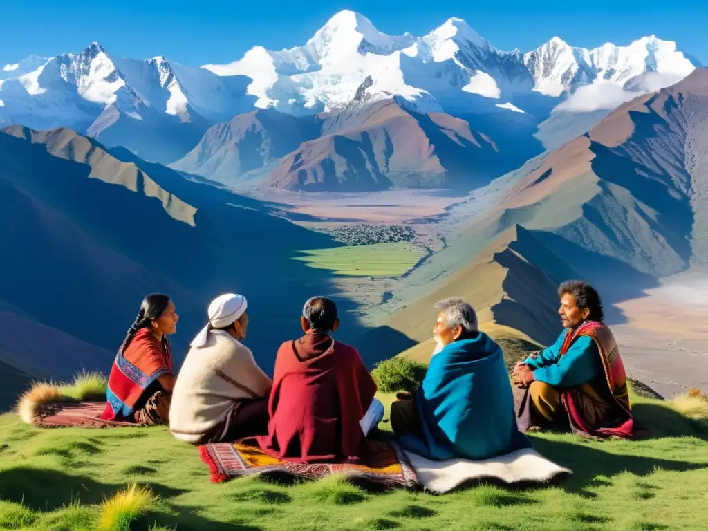 Un grupo de filósofos andinos en profunda conversación, rodeados de montañas nevadas y una vibrante naturaleza