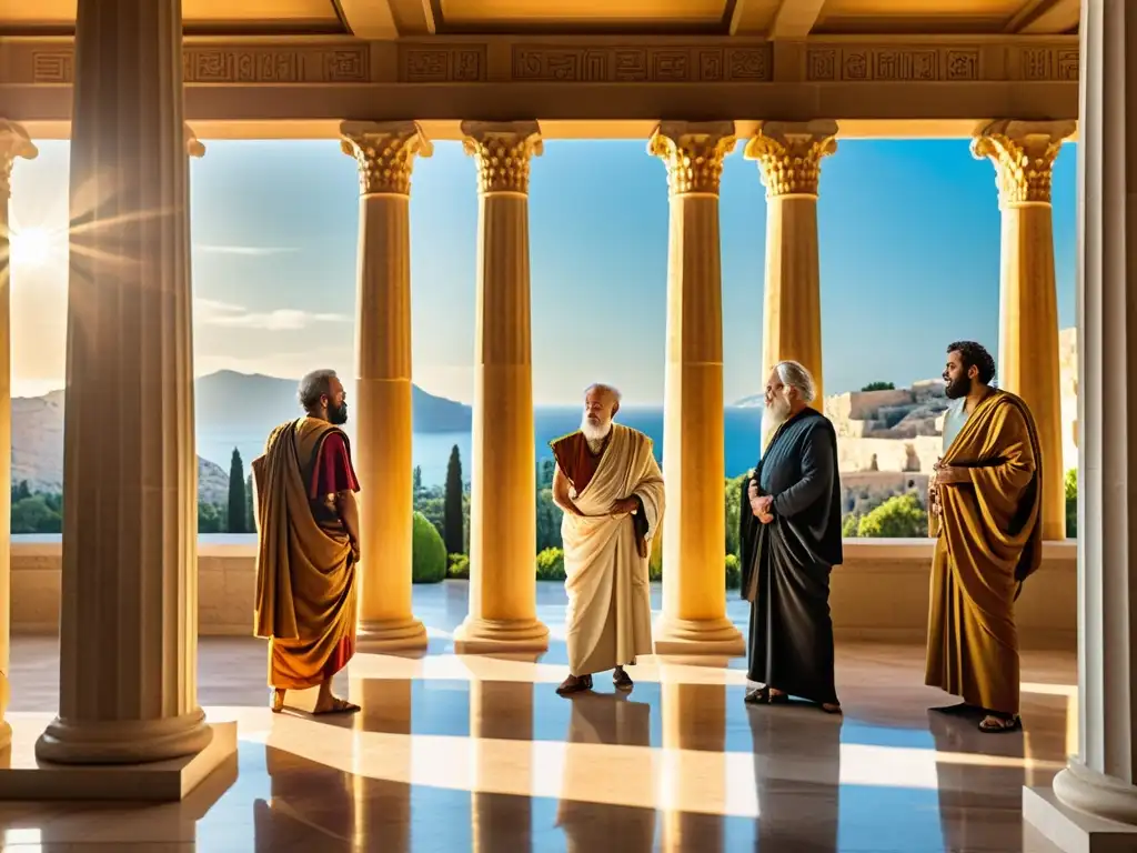 Grupo de filósofos antiguos discuten animadamente en un majestuoso salón, iluminado por la luz solar