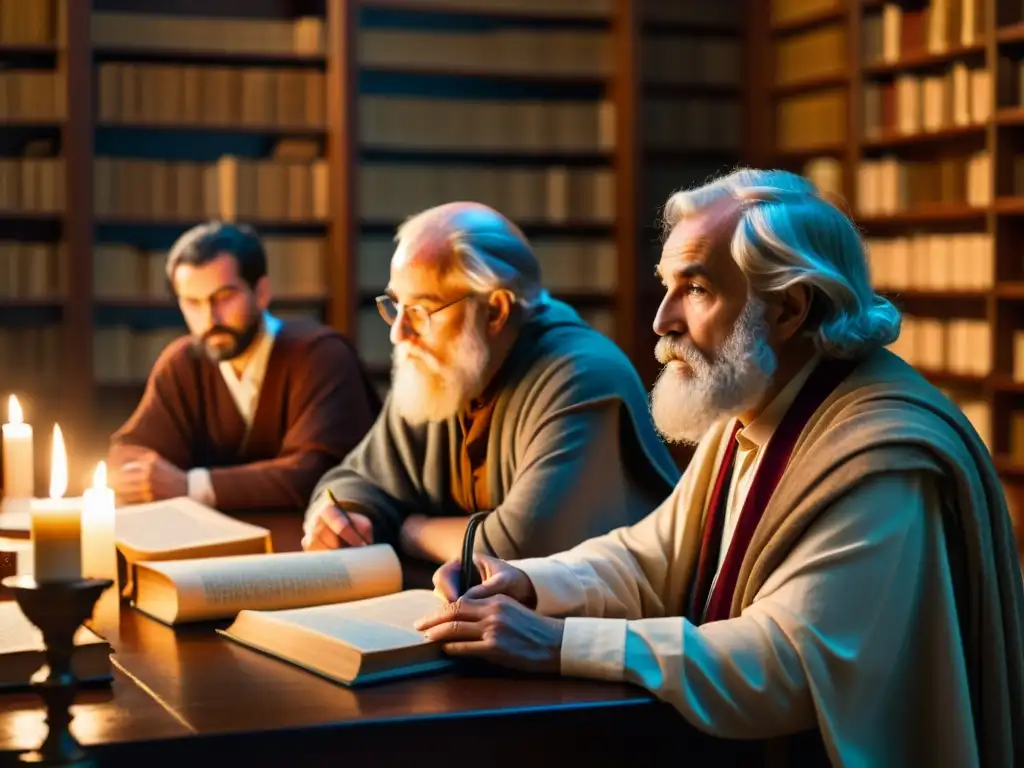 Grupo de filósofos antiguos debatiendo teorías filosóficas, rodeados de libros y pergaminos en una atmósfera de curiosidad intelectual