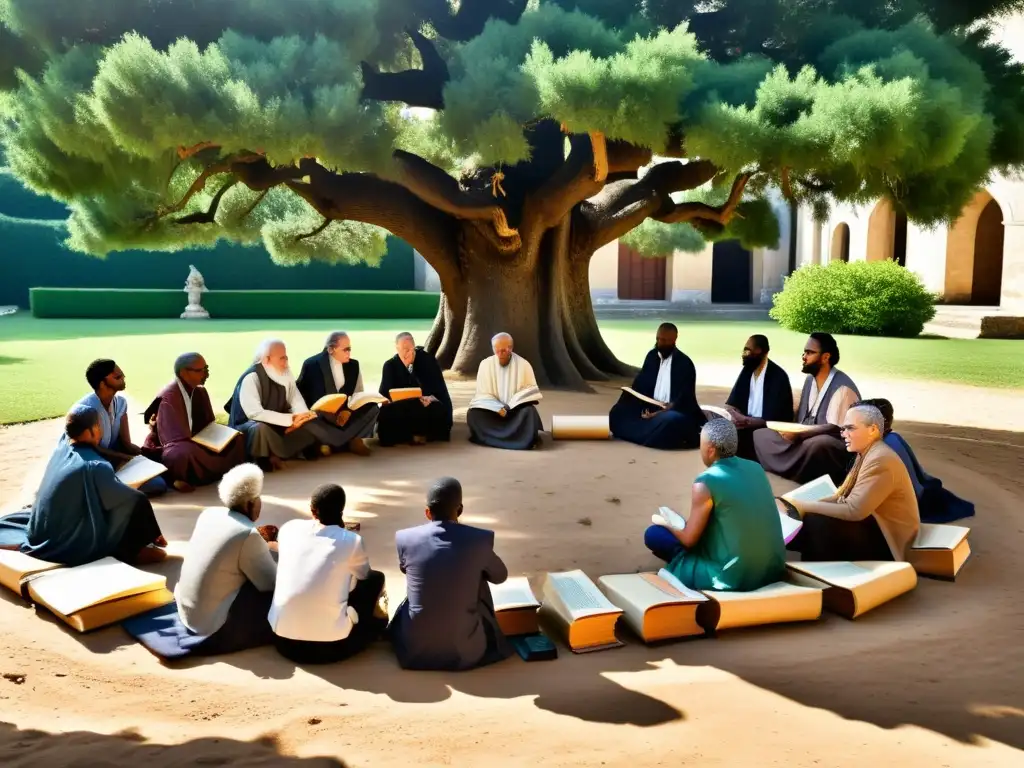 Un grupo de filósofos diversos discuten apasionadamente bajo un árbol en un antiguo patio, con libros esparcidos