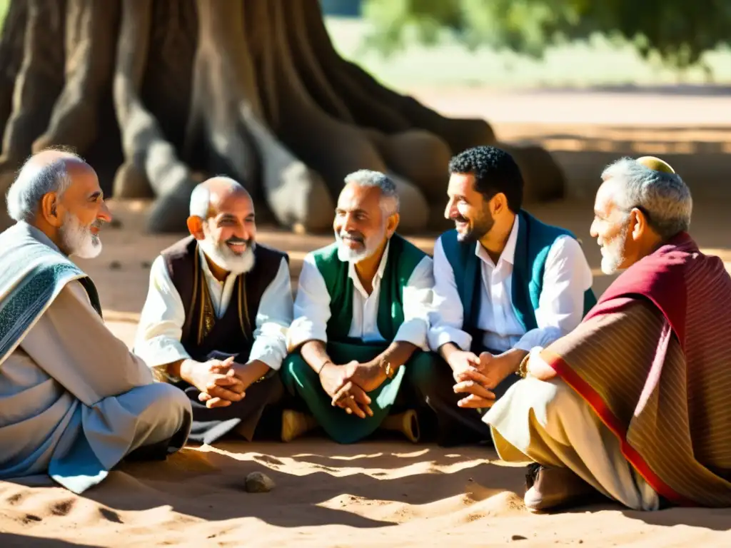Un grupo de filósofos bereberes de edad avanzada disfruta de una animada discusión bajo la sombra de un gran árbol
