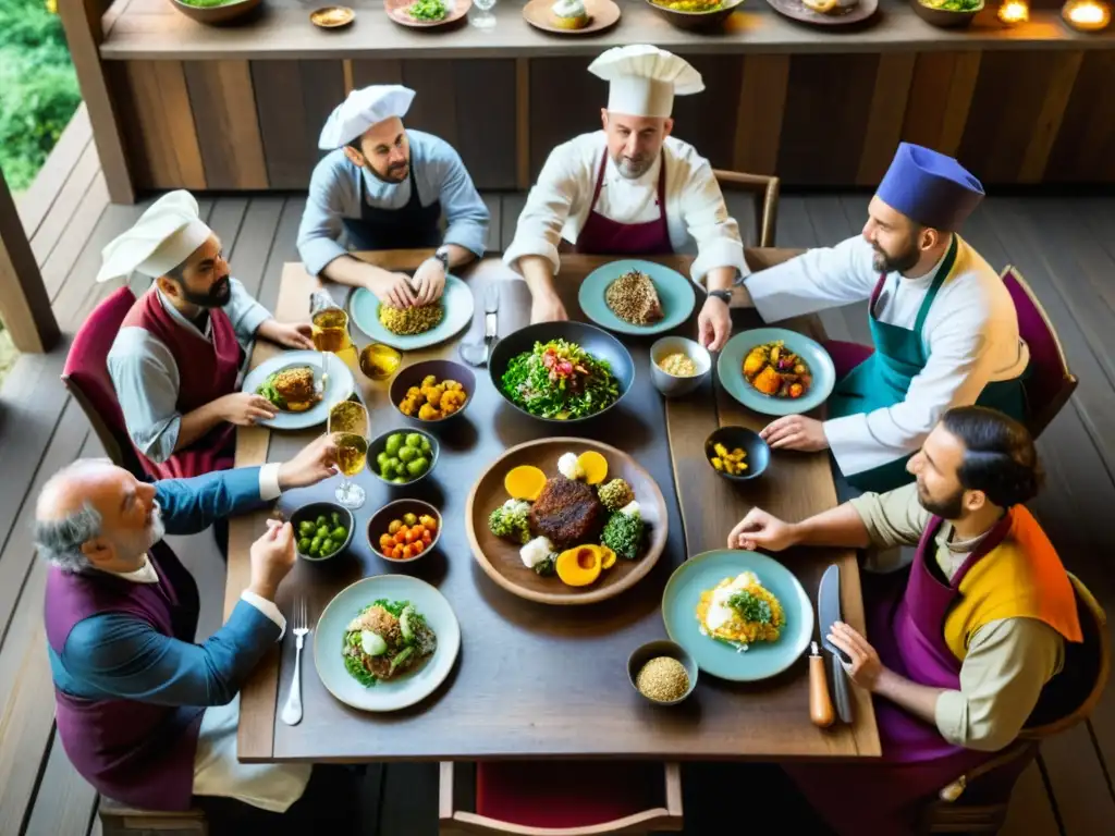 Grupo de filósofos y chefs debatiendo sobre la relación entre filosofía y gastronomía en una mesa rústica llena de exquisitos platos y ambiente cálido