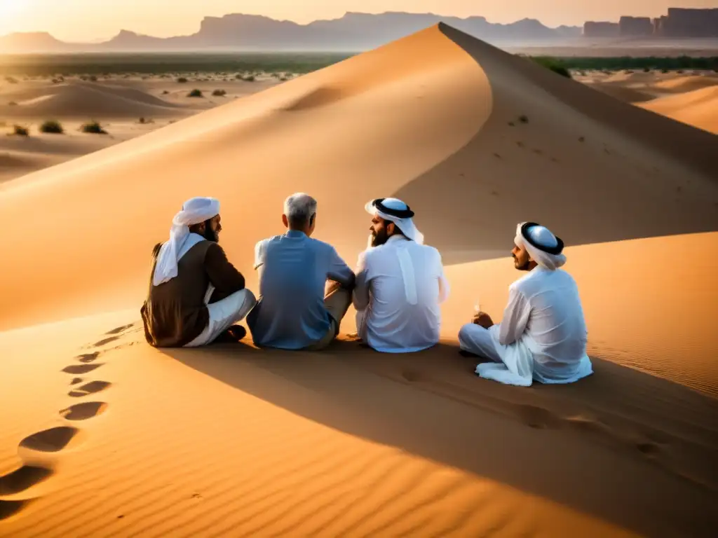 Un grupo de filósofos discutiendo en círculo en el desierto dorado de Arabia al atardecer, con ruinas antiguas de fondo