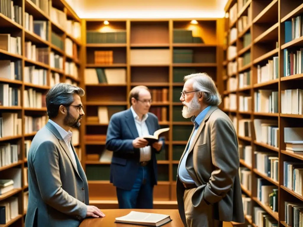 Un grupo de filósofos contemporáneos sostiene una animada discusión en una biblioteca, rodeados de libros