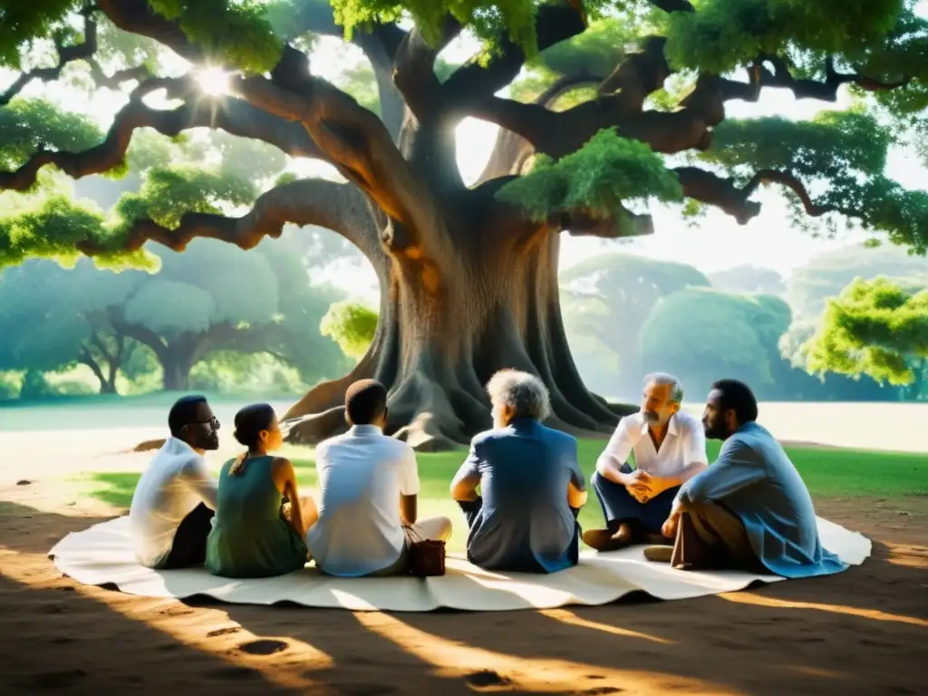 Grupo de filósofos contemporáneos inmersos en profunda discusión bajo un árbol antiguo