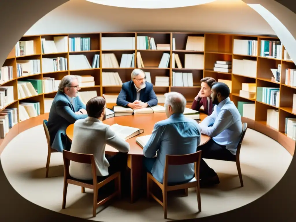 Grupo de filósofos contemporáneos inmersos en intensas discusiones, rodeados de libros y papeles