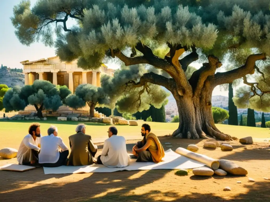 Grupo de filósofos en discusión bajo un olivo en la Antigua Atenas, con pergaminos y la Acropolis de fondo