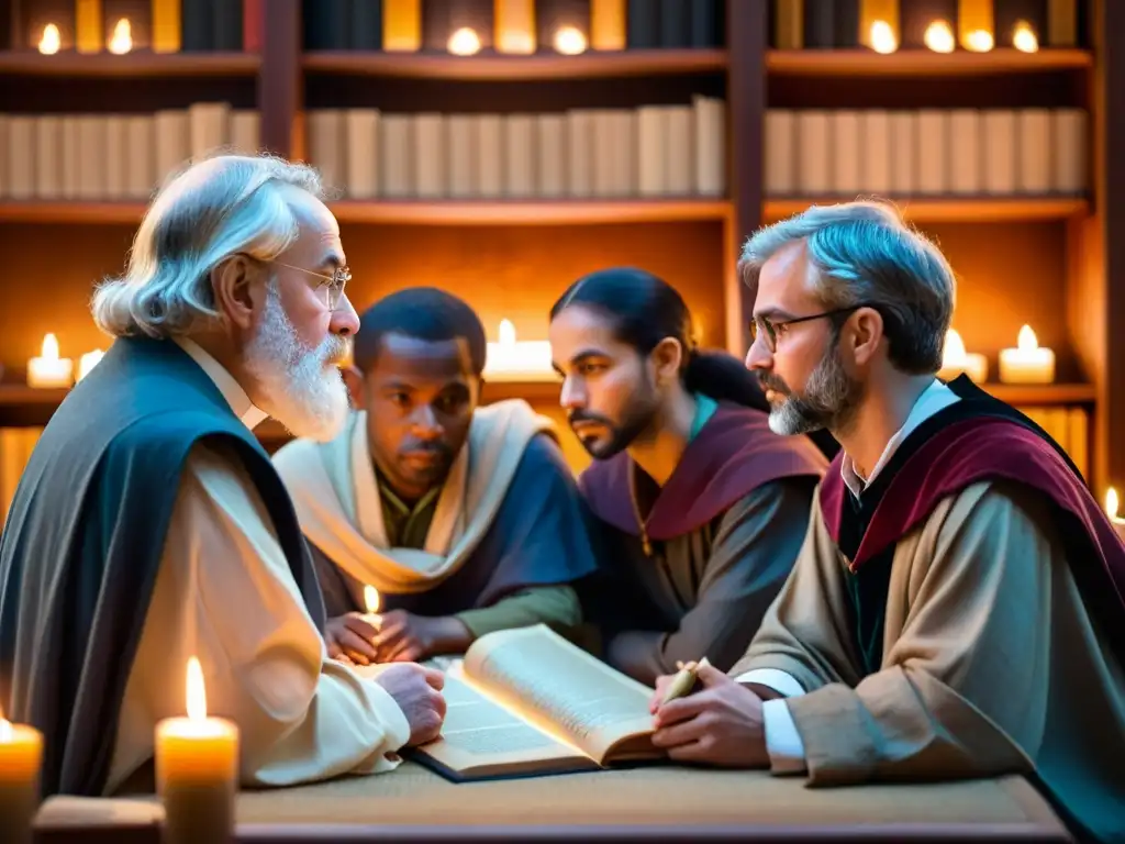 Grupo de filósofos debatiendo apasionadamente en un entorno histórico con libros antiguos y luz de velas