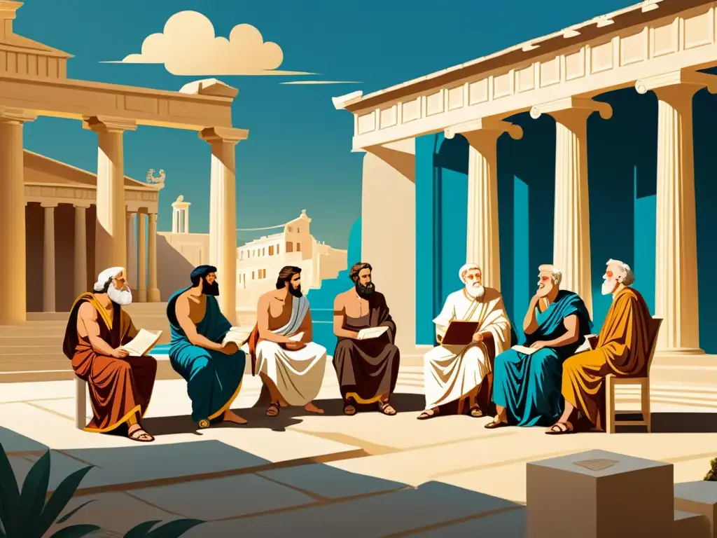 Un grupo de filósofos griegos antiguos debatiendo sobre corrientes filosóficas helenísticas en un patio soleado, rodeados de arquitectura clásica y pergaminos