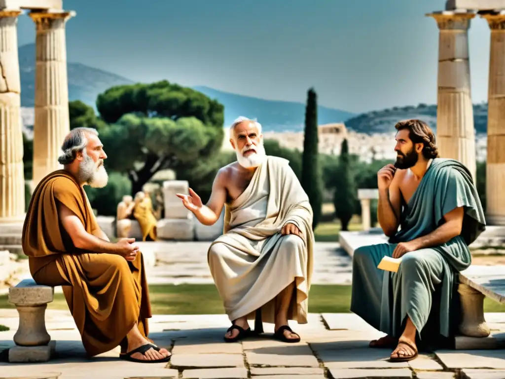 Grupo de filósofos griegos antiguos en intensa discusión en la ágora