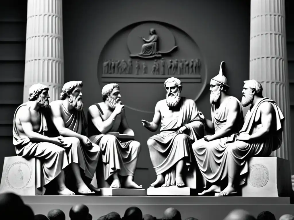 Grupo de filósofos griegos debatiendo intensamente en un escenario clásico, preparándose para cambio inesperado