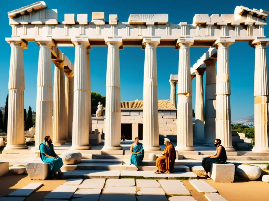 Un grupo de filósofos griegos inmersos en profundas discusiones en una animada ágora, capturando la esencia de Lecciones de filósofos griegos inversor