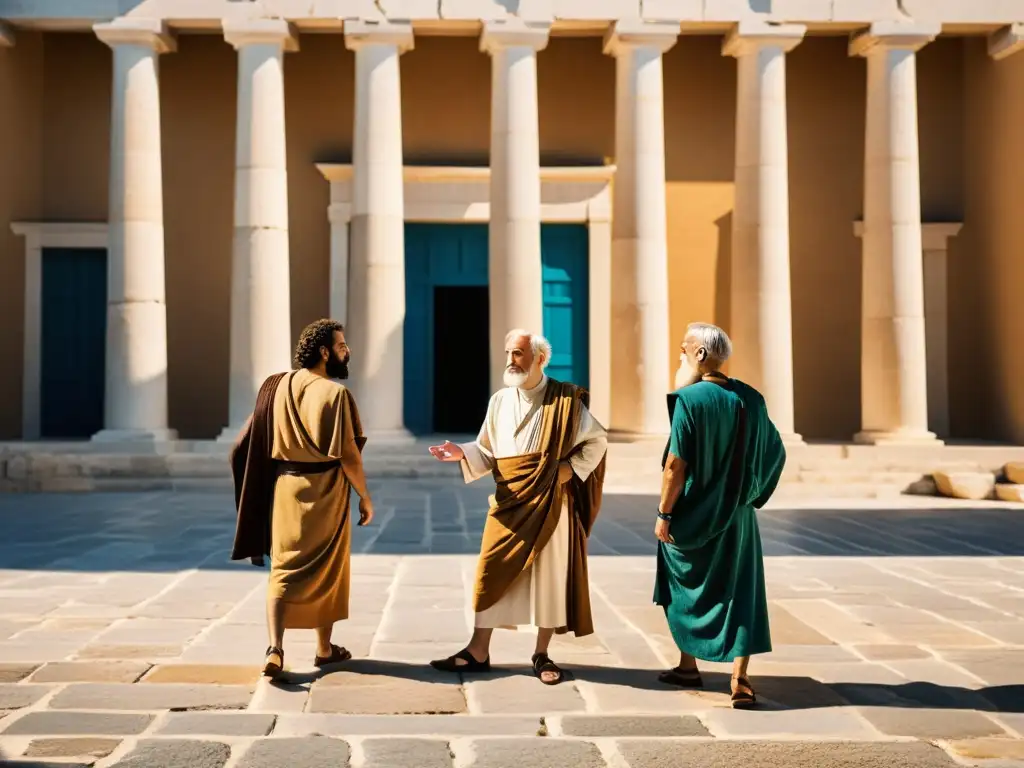 Grupo de filósofos griegos debatiendo intensamente en un patio clásico