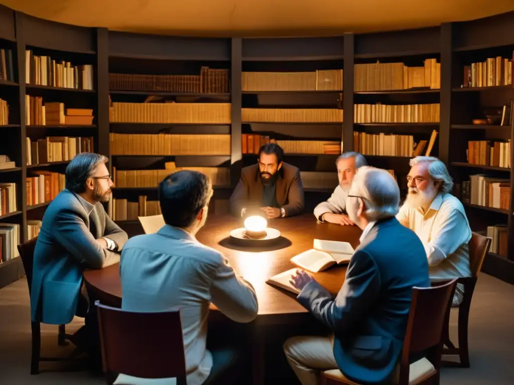 Grupo de filósofos inmersos en una animada discusión en una sala tenue, rodeados de libros antiguos, estrategias de pensamiento lateral en acción