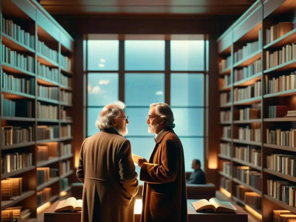 Un grupo de filósofos inmersos en una apasionada discusión en una biblioteca iluminada por luz natural