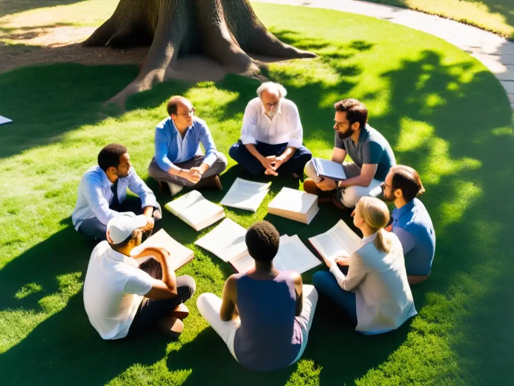 Grupo de filósofos inmersos en discusión en el campo, rodeados de libros y papeles