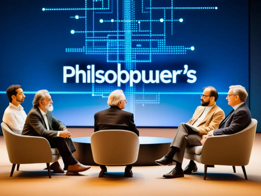 Un grupo de filósofos inmersos en una profunda discusión, con elementos tradicionales y modernos de fondo que simbolizan la convergencia de corrientes filosóficas y avances tecnológicos