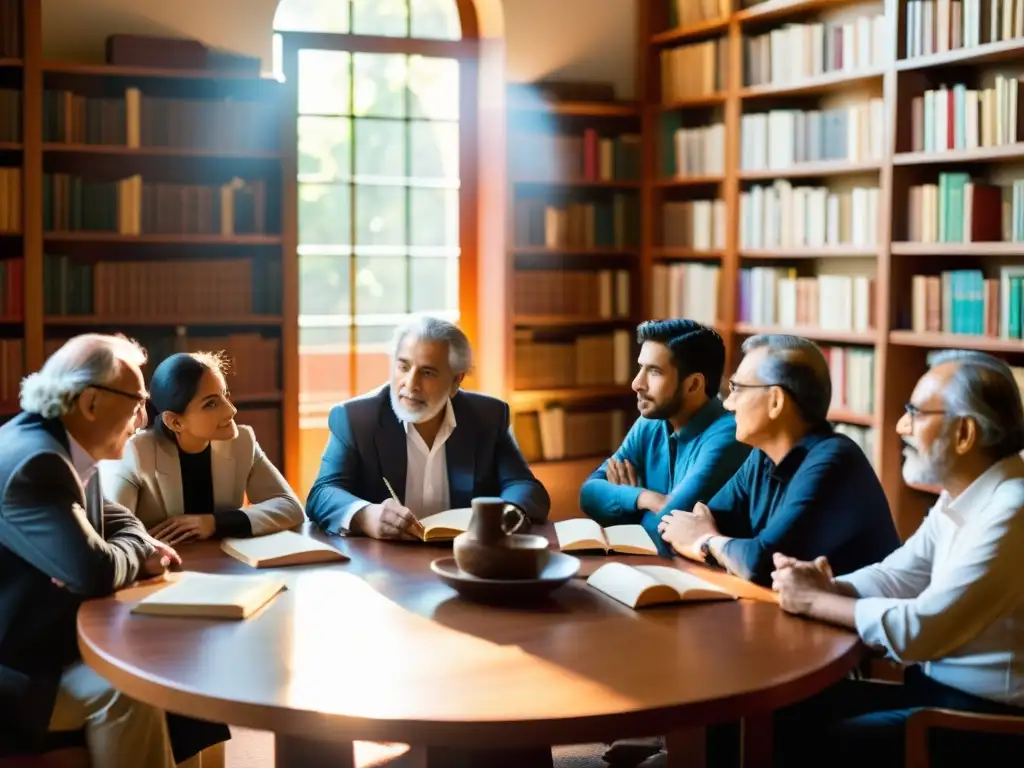 Grupo de filósofos latinoamericanos debatiendo en una mesa redonda rodeada de libros