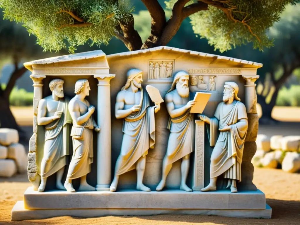 Grupo de filósofos megáricos debatiendo bajo olivo, con rollos y luz mediterránea