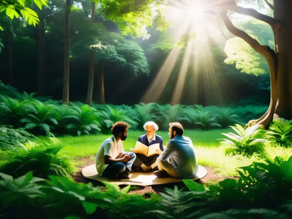 Grupo de filósofos modernos defienden la tierra, inmersos en profunda discusión en un bosque exuberante