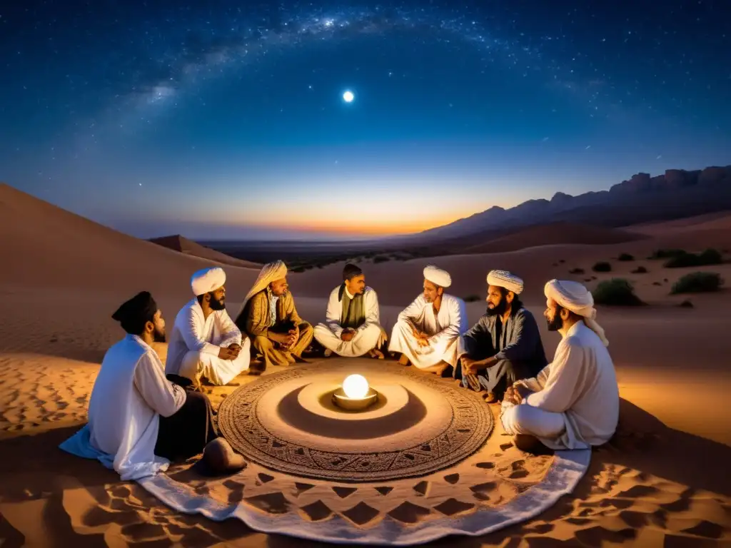 Un grupo de filósofos norteafricanos inmersos en profundas reflexiones bajo un cielo estrellado, influenciados por la música tradicional