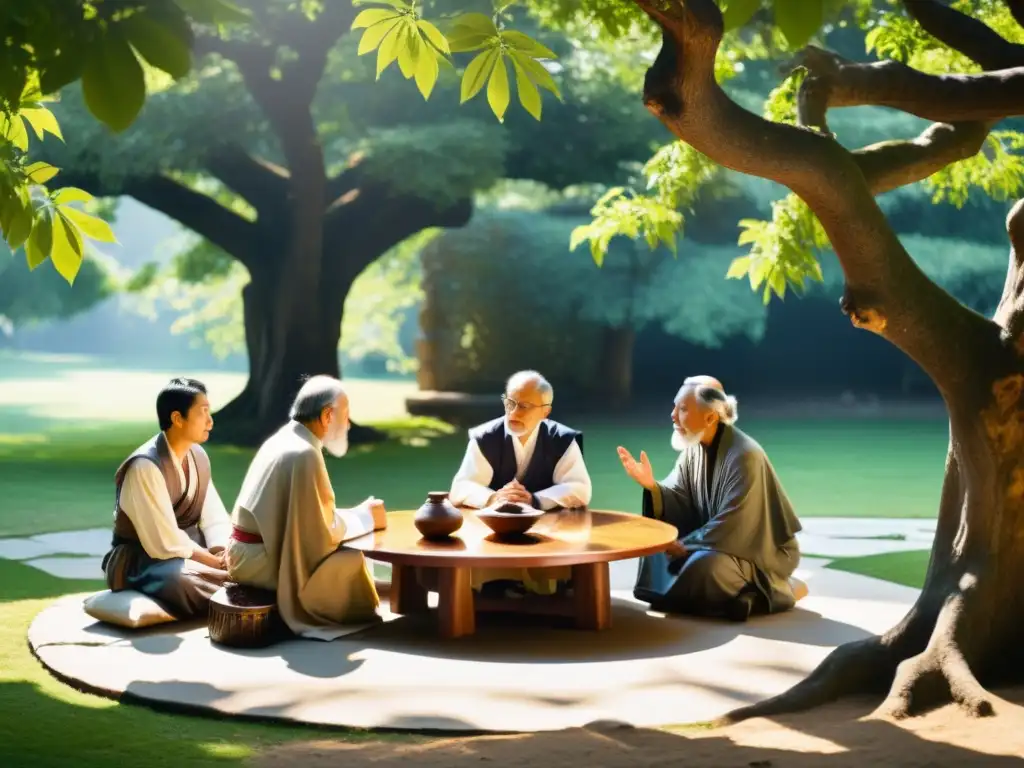 Un grupo de filósofos de Oriente y Occidente dialogan en un jardín sereno, simbolizando la rica interacción cultural