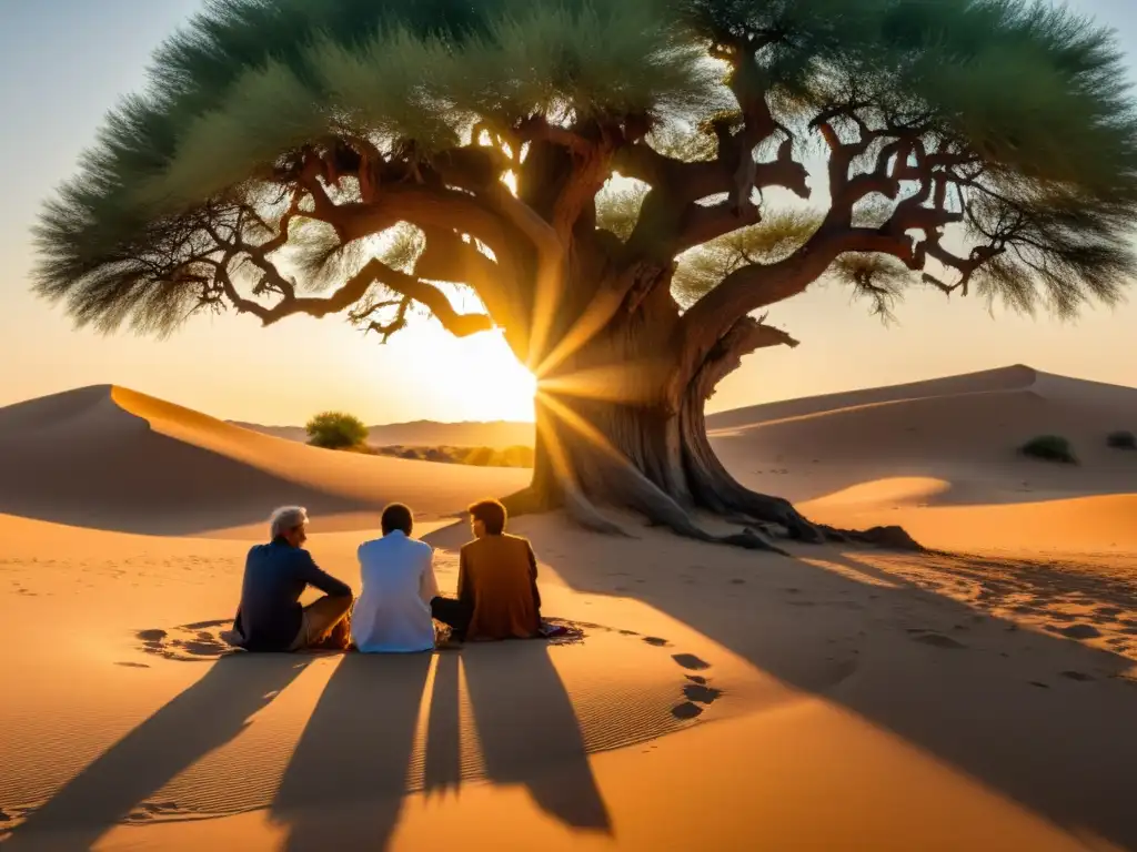 Un grupo de filósofos en profunda conversación bajo un antiguo árbol en el desierto al atardecer, evocando retiros filosóficos en Oriente Medio