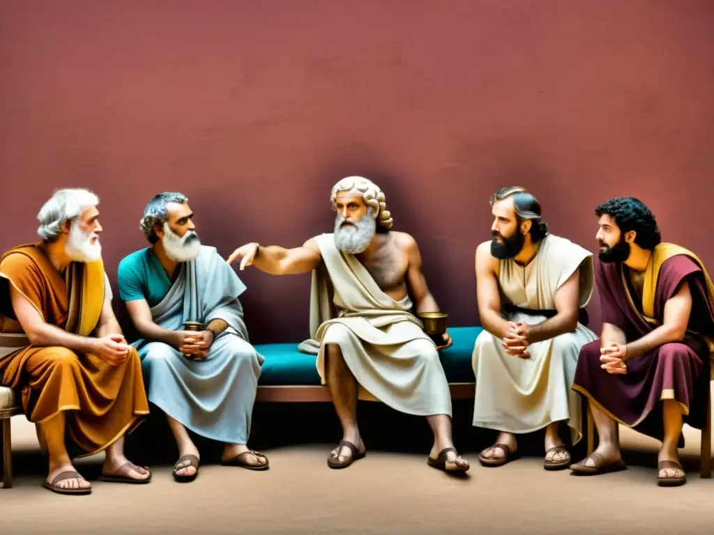 Un grupo de filósofos en profunda conversación en un simposio griego antiguo, evocando la atmósfera intelectual de la época