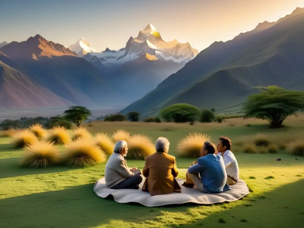 Grupo de filósofos en profunda discusión en la majestuosa Patagonia, creando una escena de intercambio intelectual en un entorno natural
