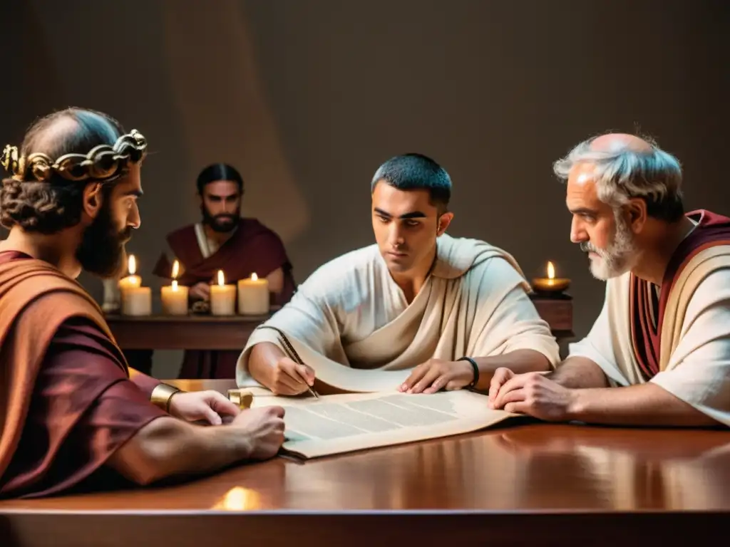 Un grupo de filósofos vestidos con túnicas griegas discuten apasionadamente en un ambiente de contemplación intelectual