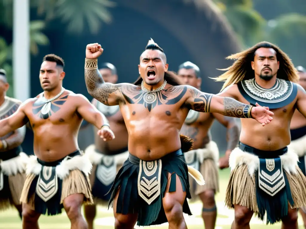 Grupo de guerreros Maorí realizando una impresionante haka en medio de exuberante naturaleza