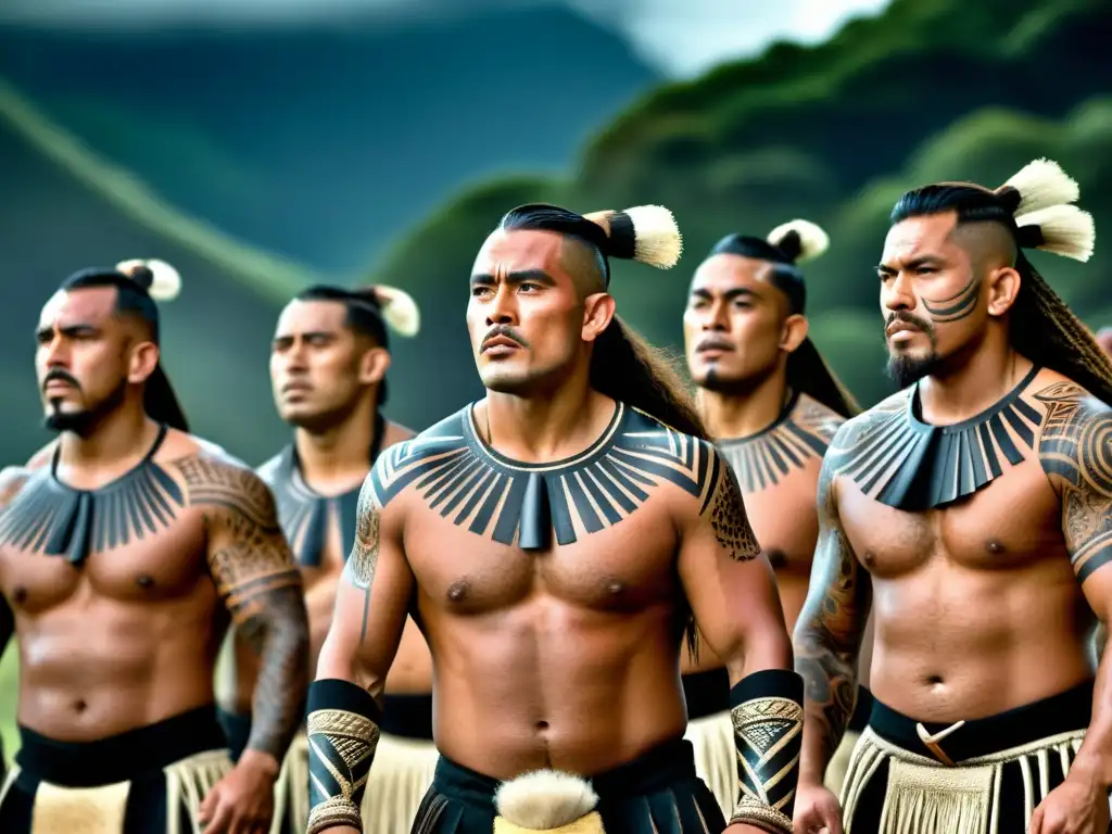 Un grupo de guerreros Maoríes realiza un emocionante haka en un paisaje natural impresionante