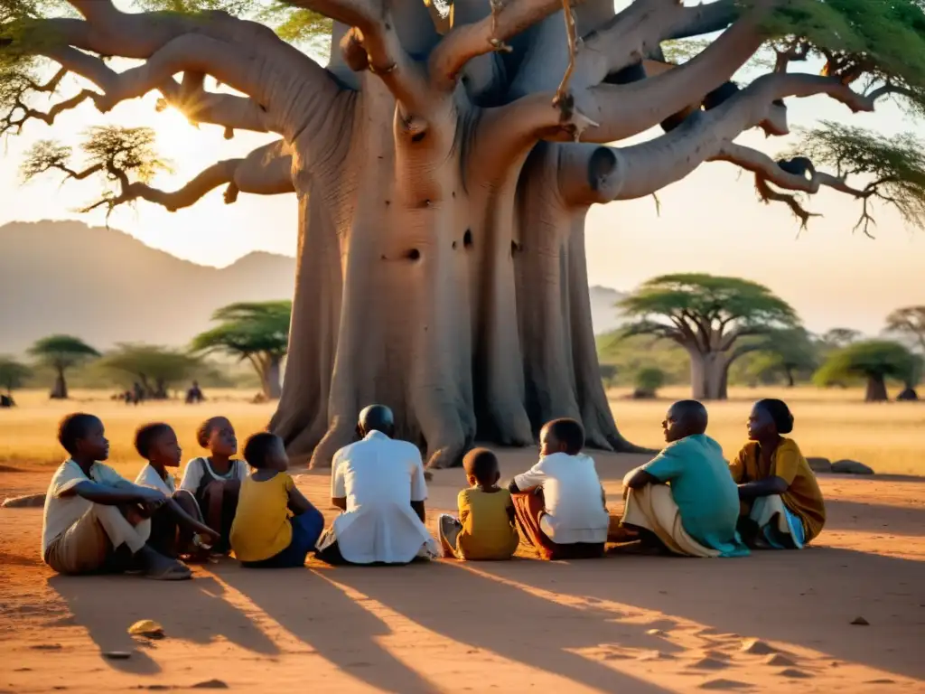 Grupo de griots comparten historias y música bajo un baobab al atardecer en África Occidental, transmitiendo la filosofía griots en África Occidental
