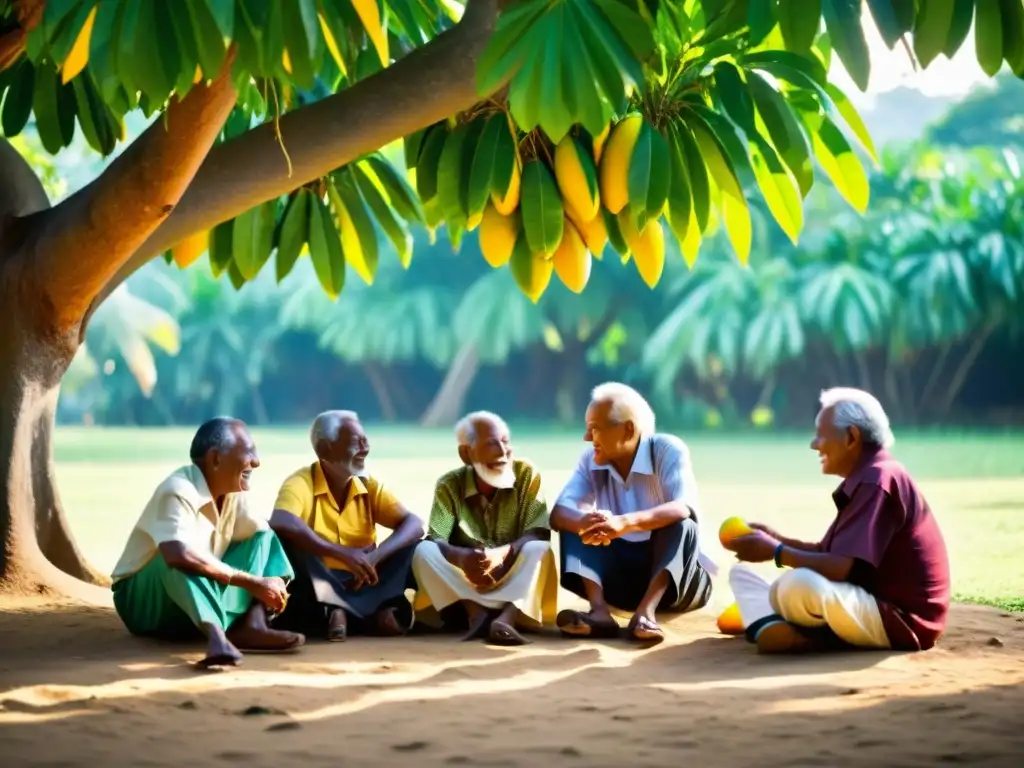 Un grupo de ancianos comparte historias y sabiduría bajo un árbol de mango, creando una atmósfera de tradición caribeña y conexión emocional
