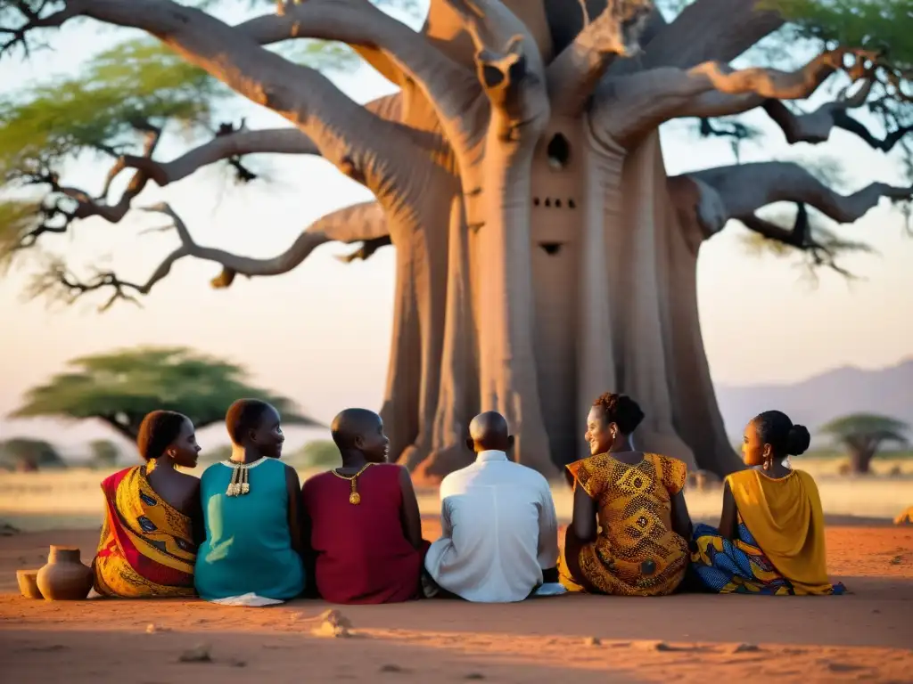 Un grupo de griots comparte historias y sabiduría bajo un gran Baobab al atardecer
