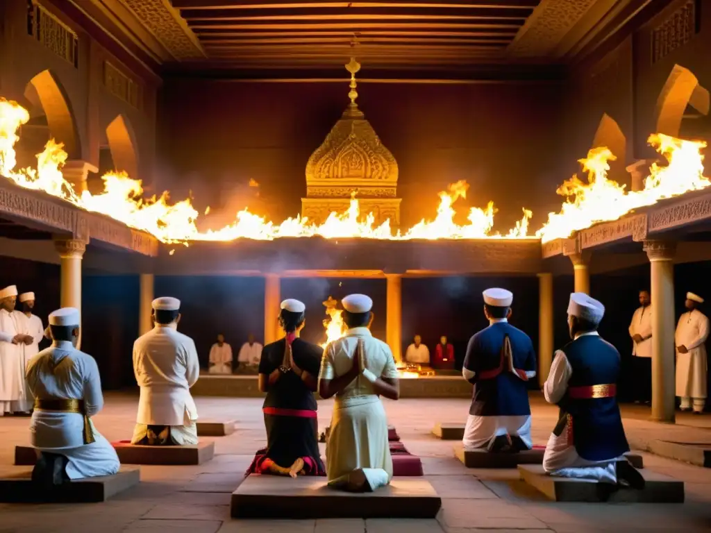 Un grupo de hombres y mujeres parsis rezan en un templo del fuego zoroástrico en la India, iluminados por las llamas sagradas