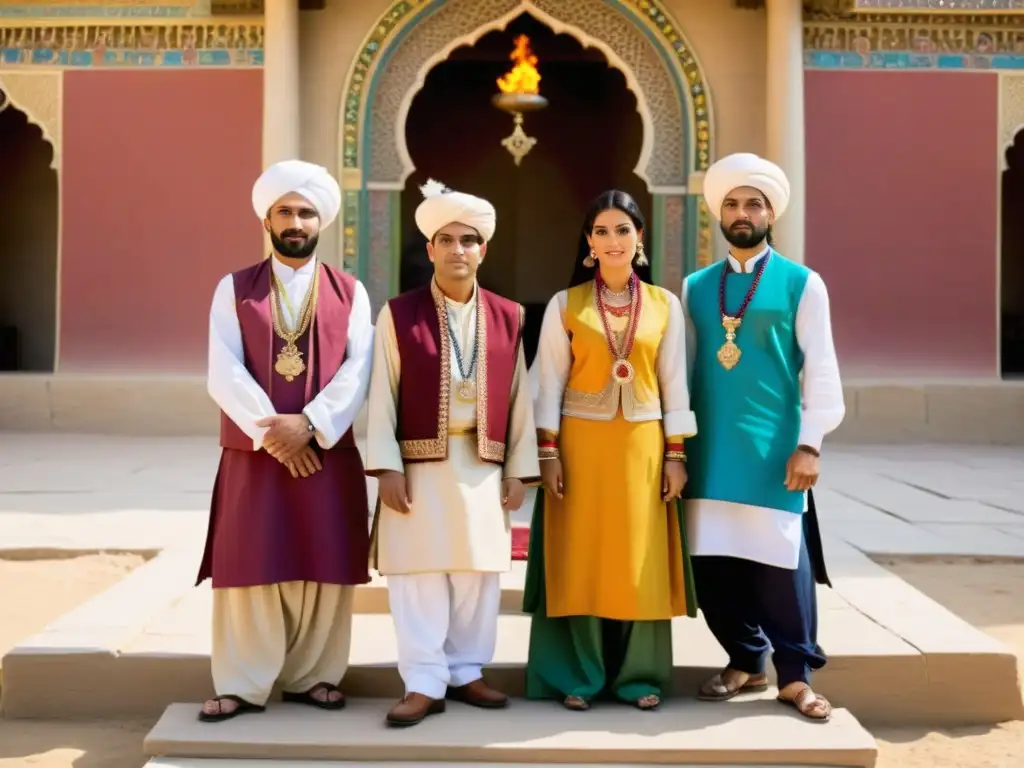 Un grupo de hombres y mujeres zoroastrianos vistiendo trajes tradicionales y joyería elaborada frente a un templo de fuego sagrado, reflejando los significados culturales del zoroastrismo