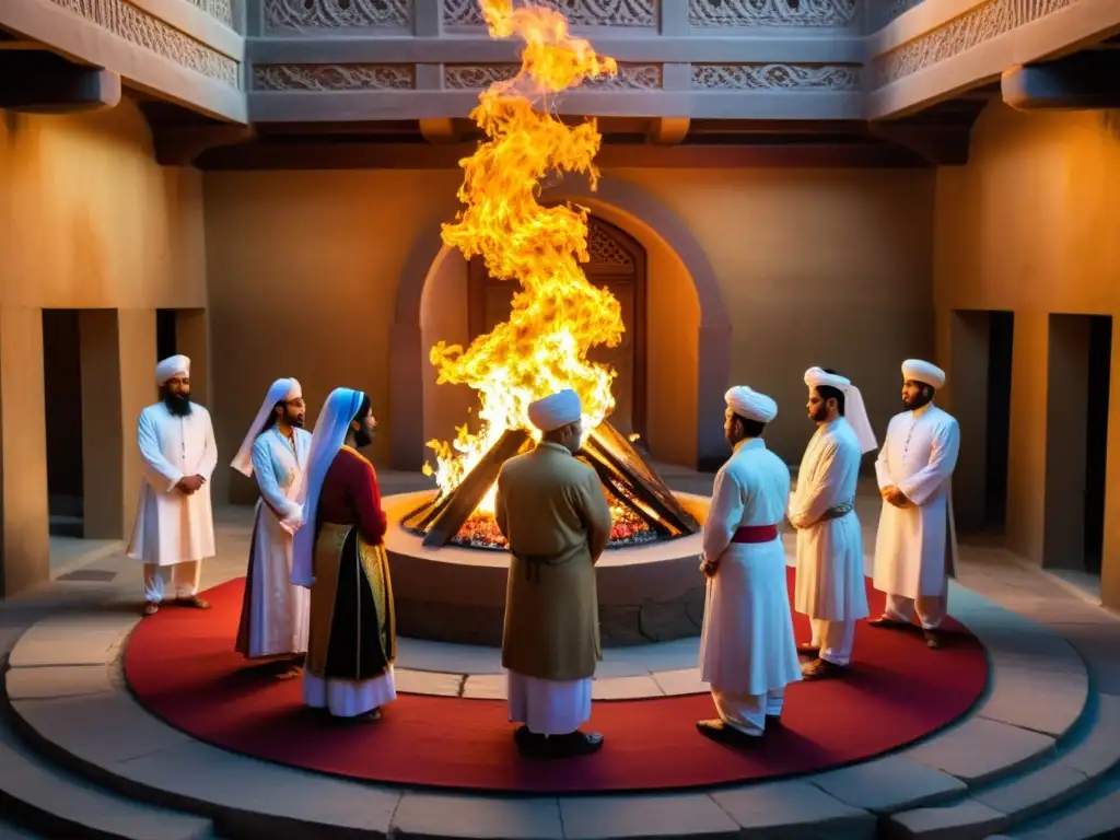 Grupo de hombres y mujeres zoroastrianos en ritual sagrado alrededor del fuego en templo